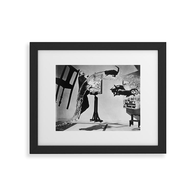 Dalí Atomicus, Salvador Dali painting with flying cats and water spurts surrealism / surrealist black and white photograph / photography by Philippe Halsman Framed Art Print Gallery Image 44