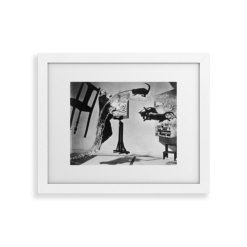 Dalí Atomicus, Salvador Dali painting with flying cats and water spurts surrealism / surrealist black and white photograph / photography by Philippe Halsman Framed Art Print Gallery Image 74