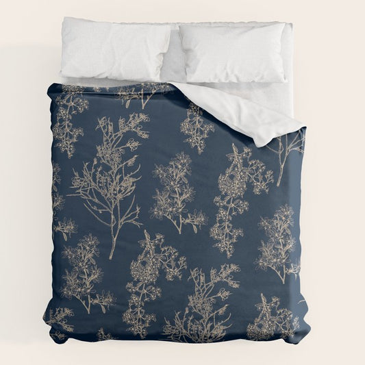 Botanical Cottage Floral Pattern Navy Blue and Beige Duvet Cover Gallery Image 2