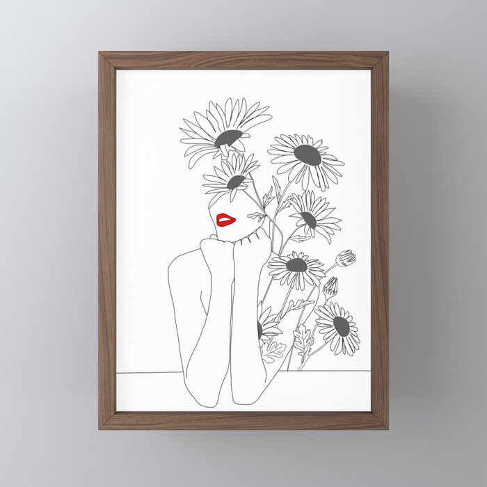 Minimal Line Art Girl with Sunflowers Mini Art Print Gallery Image 2