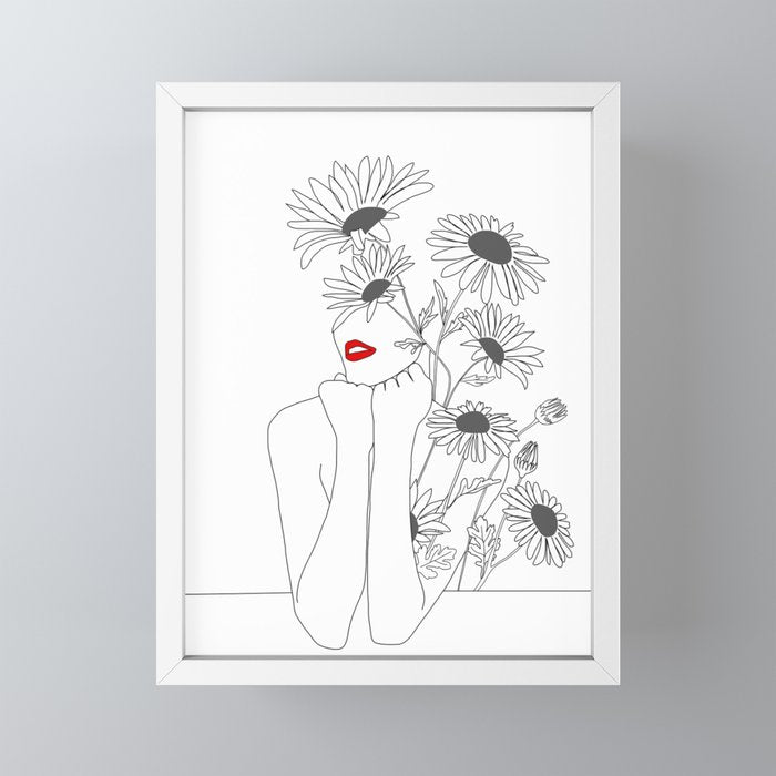 Minimal Line Art Girl with Sunflowers Mini Art Print Gallery Image 4