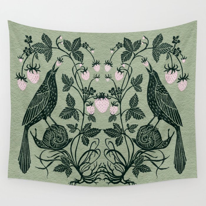 Birds and Snails with Strawberries Wall Tapestry Gallery Image 2