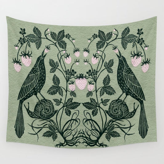 Birds and Snails with Strawberries Wall Tapestry Gallery Image 2