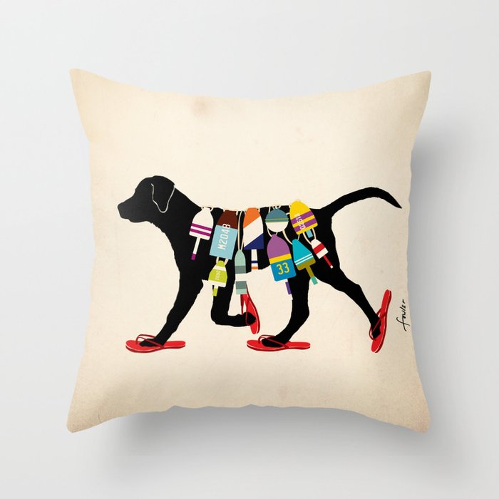 Black dog lab labrador buoy nautical beach ocean sandals flip flop art Throw Pillow Gallery Image 2