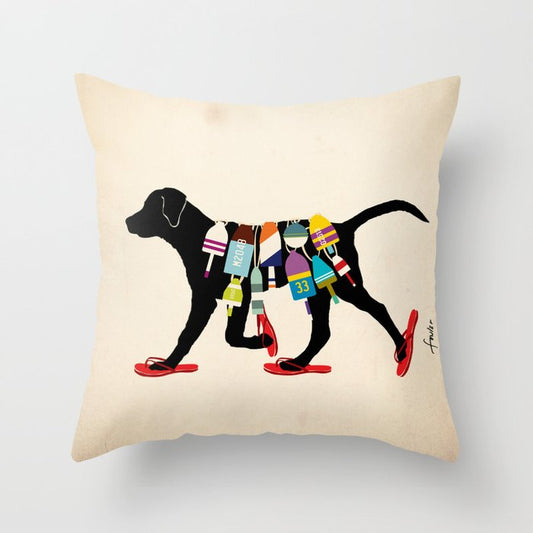 Black dog lab labrador buoy nautical beach ocean sandals flip flop art Throw Pillow Gallery Image 1