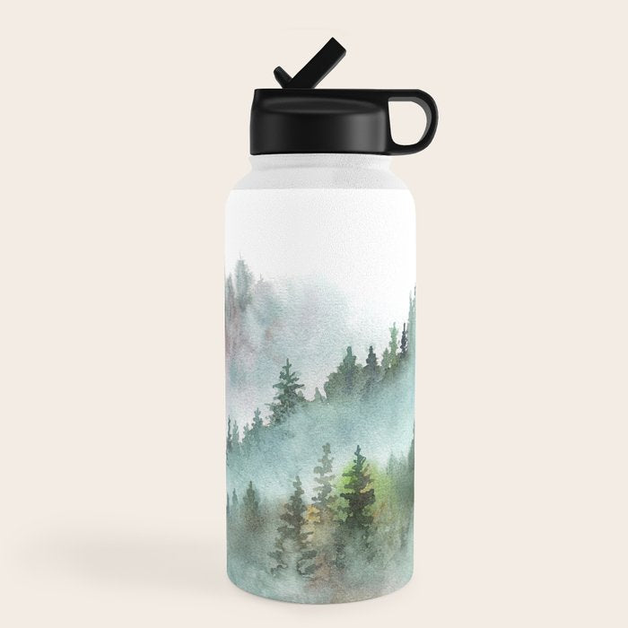 Watercolor Pine Forest Mountains in the Fog Water Bottle Gallery Image 4