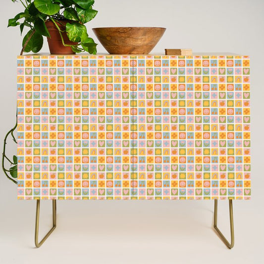 Colorful vintage happy children art mosaic pattern Credenza Gallery Image 1