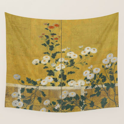 Red and White Chrysanthemums Vintage Japanese Gold Leaf Screen Wall Tapestry Gallery Image 1