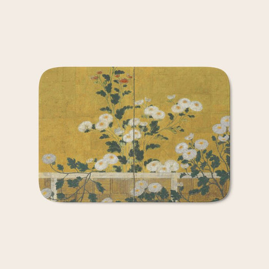 Red and White Chrysanthemums Vintage Japanese Gold Leaf Screen Bath Mat Gallery Image 1