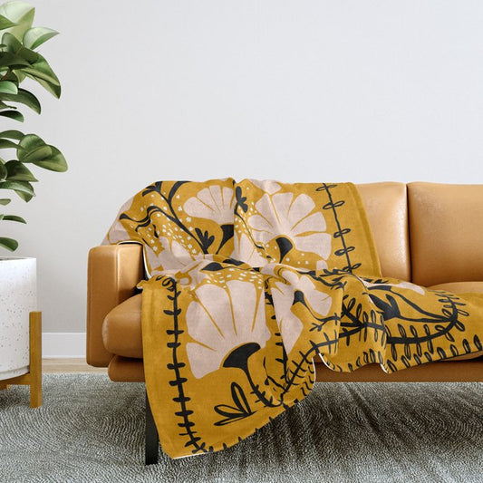 Ever blooming good vibes mustard yellow Throw Blanket Gallery Image 2