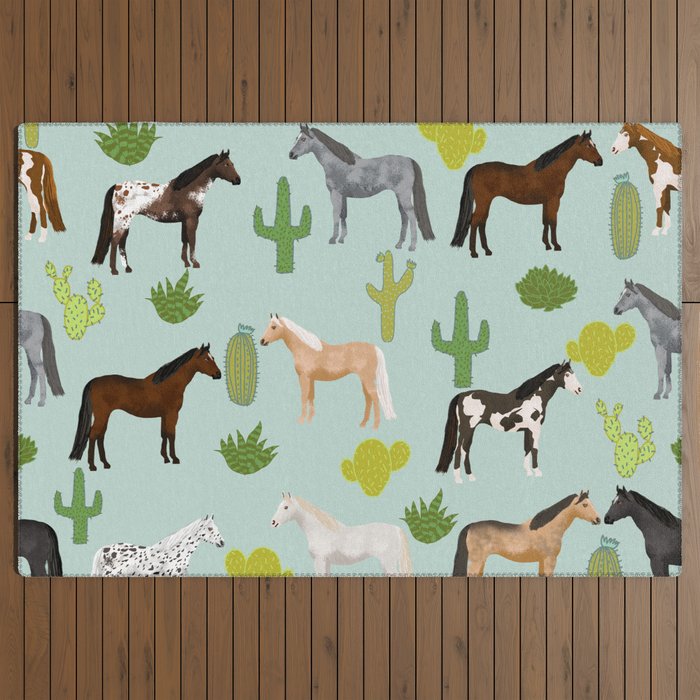 Horses Cactus - horse, cactus, western, texas, cowgirl, girl, cactus fabric, blanket, horse Outdoor Rug Gallery Image 3