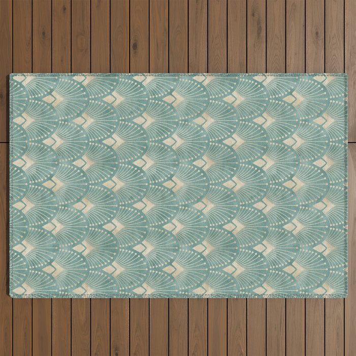 Art Deco Fans Pattern in Teal Outdoor Rug Gallery Image 2