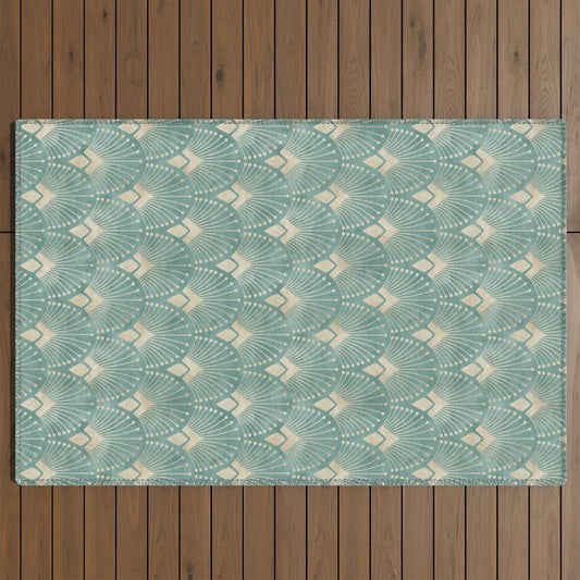 Art Deco Fans Pattern in Teal Outdoor Rug Gallery Image 2