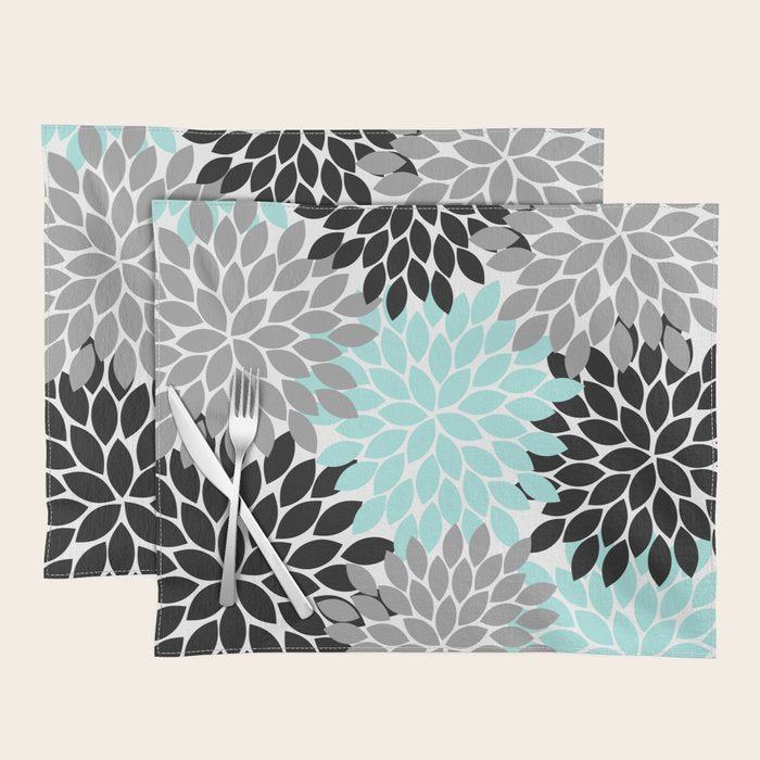 Aqua Black Gray Flower Burst Floral Pattern Placemat Gallery Image 2