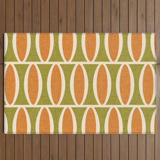 Retro Vintage 1950s Style Geometric Oval Pattern 228 Googie Orange Olive Green Outdoor Rug Gallery Image 2