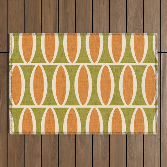 Retro Vintage 1950s Style Geometric Oval Pattern 228 Googie Orange Olive Green Outdoor Rug Gallery Image 1