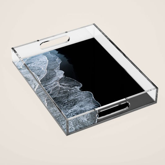 Waves on a black sand beach in iceland - minimalist Landscape Photography Acrylic Tray Gallery Image 1