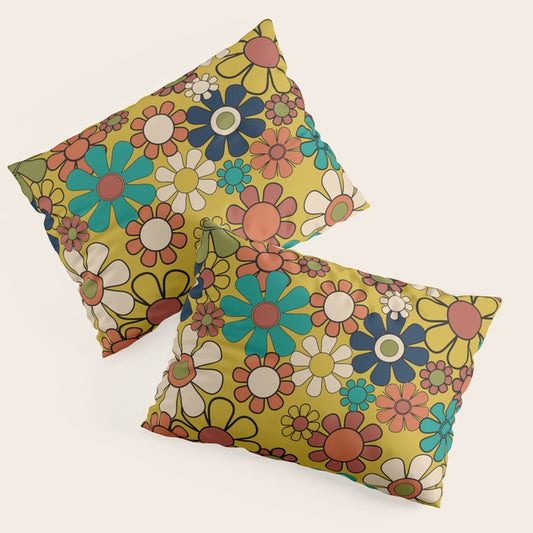 Groovy Floral Retro Garden 60s 70s Flower Pattern in Muted Vintage Mid Century Mod Colors on Mustard Pillow Sham Gallery Image 1