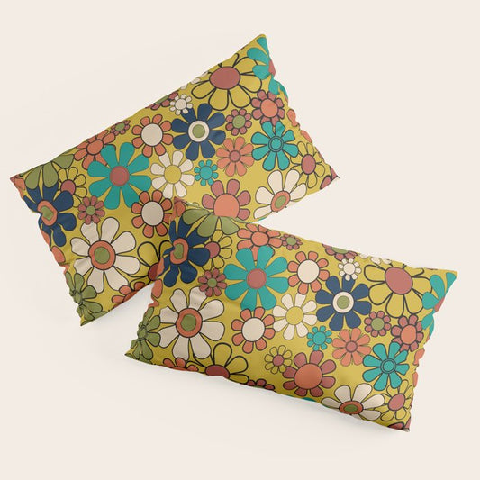 Groovy Floral Retro Garden 60s 70s Flower Pattern in Muted Vintage Mid Century Mod Colors on Mustard Pillow Sham Gallery Image 2