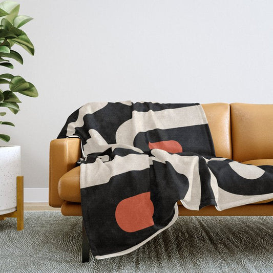 Retro Piquet Mid Century Modern Abstract Pattern in Black, Orange, and Almond Cream Throw Blanket Gallery Image 2