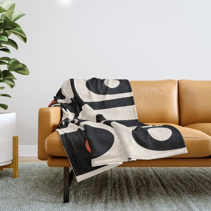 Retro Piquet Mid Century Modern Abstract Pattern in Black, Orange, and Almond Cream Throw Blanket Gallery Image 1