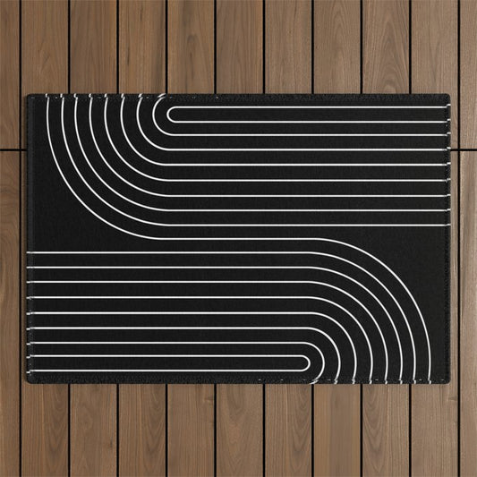 Minimal Line Curvature II Black and White Mid Century Modern Arch Abstract Outdoor Rug Gallery Image 1