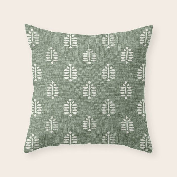 block print palm on sage Throw Pillow Gallery Image 1