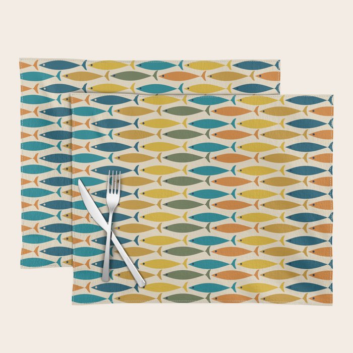 Mid-Century Modern Fish Stripes in Moroccan Teal, Green, Orange, Mustard, and Cream Placemat Gallery Image 1