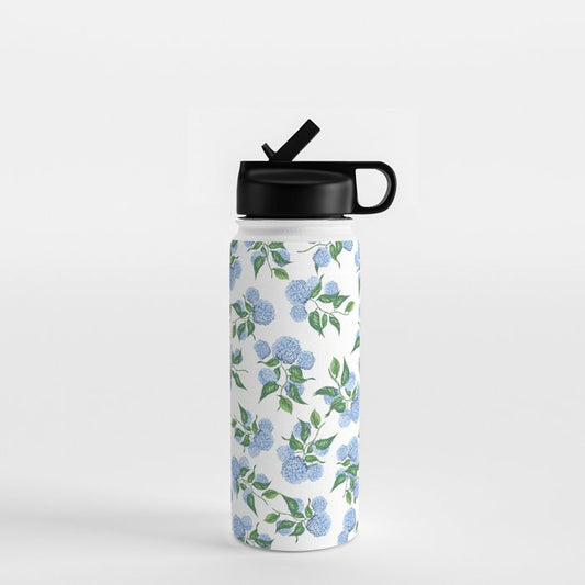 Hydrangea blue flowers, botanicals, blue and white floral Water Bottle Gallery Image 1