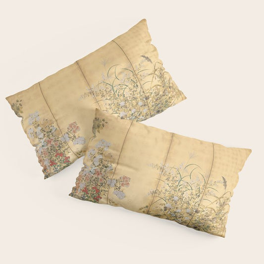 Japanese Edo Period Six-Panel Gold Leaf Screen - Spring and Autumn Flowers Pillow Sham Gallery Image 2