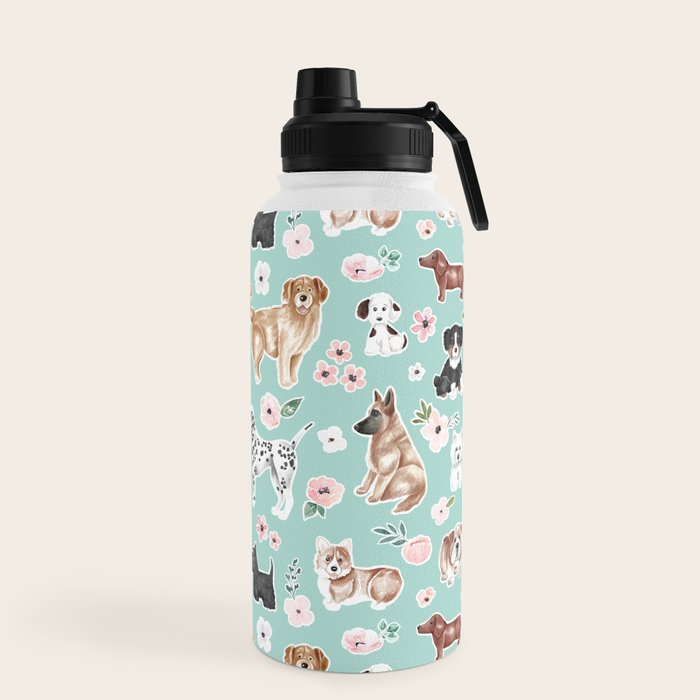 Cute Dogs on Aqua Blue, Dogs and Flowers, Pet Painting, Cute Animals, Golden Retriever, Dachshund, Corgi, Bulldog, Dalmation Water Bottle Gallery Image 5