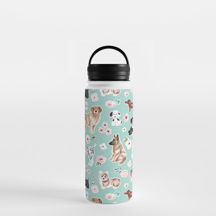 Cute Dogs on Aqua Blue, Dogs and Flowers, Pet Painting, Cute Animals, Golden Retriever, Dachshund, Corgi, Bulldog, Dalmation Water Bottle Gallery Image 3