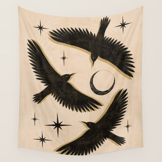 Black birds flying with the Moon Wall Tapestry Gallery Image 2