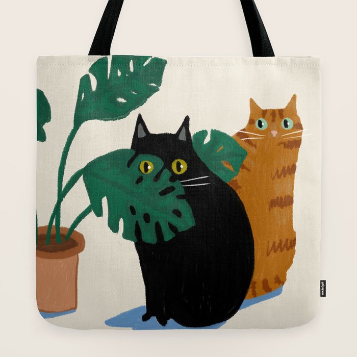 Black cat & orange tabby cat with Monstera plant Tote Bag Gallery Image 2