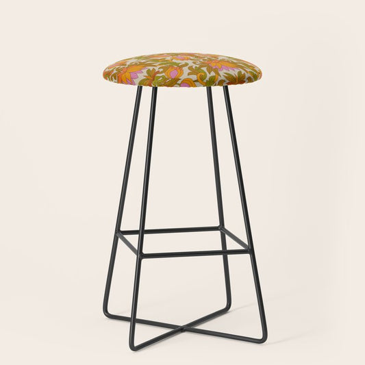 Orange, Pink Flowers and Green Leaves 1960s Retro Vintage Pattern Stool Gallery Image 1