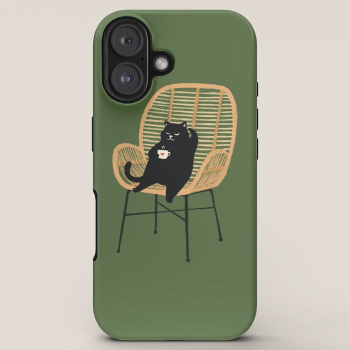 Lazy cat 2b Green enjoy coffee on rattan chair iPhone Case Gallery Image 5