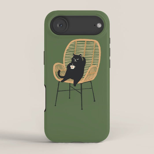 Lazy cat 2b Green enjoy coffee on rattan chair iPhone Case Gallery Image 2