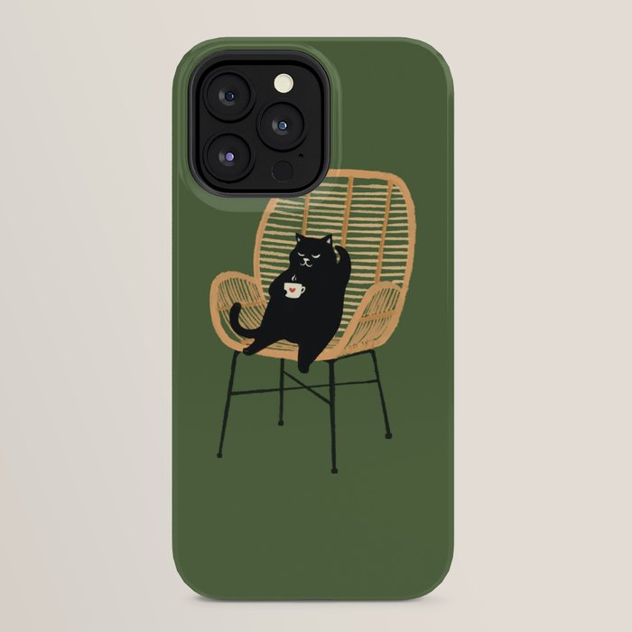 Lazy cat 2b Green enjoy coffee on rattan chair iPhone Case Gallery Image 32