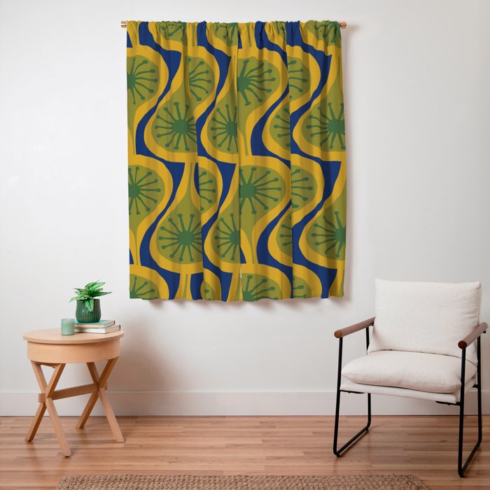 Mid Century Modern Atomic Drops Pattern Green Mustard Blue Window Curtain Gallery Image 3