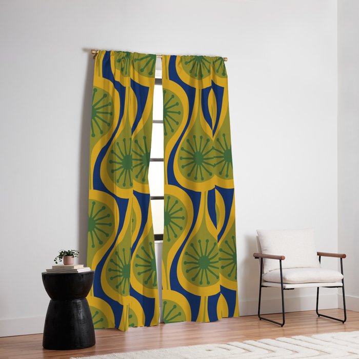 Mid Century Modern Atomic Drops Pattern Green Mustard Blue Window Curtain Gallery Image 2
