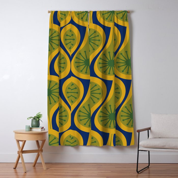 Mid Century Modern Atomic Drops Pattern Green Mustard Blue Window Curtain Gallery Image 5
