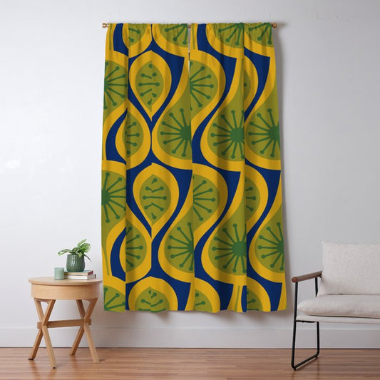 Mid Century Modern Atomic Drops Pattern Green Mustard Blue Window Curtain Gallery Image 1