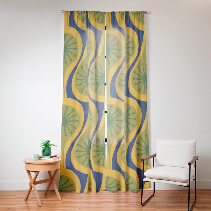 Mid Century Modern Atomic Drops Pattern Green Mustard Blue Window Curtain Gallery Image 16