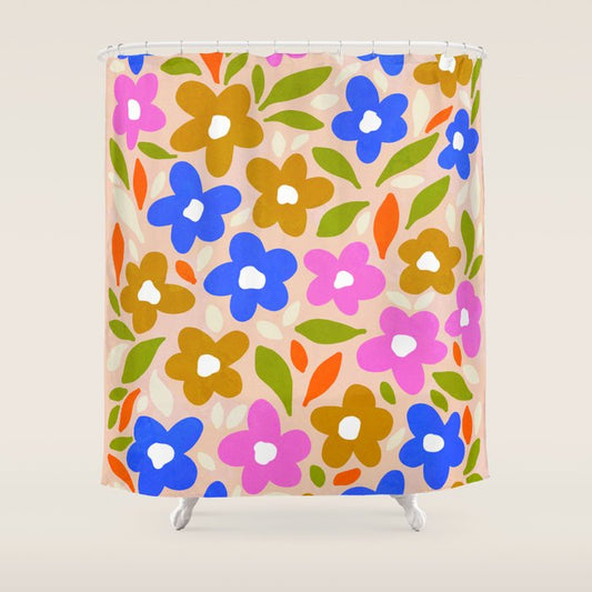 Retro Floral Meadow Nº2 Ochre, Blue Shower Curtain Gallery Image 1