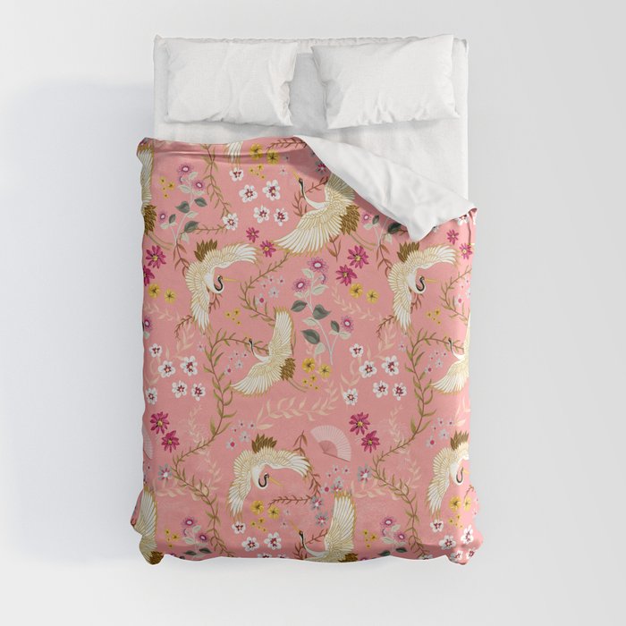 Chinoiserie cranes on pink, birds, flowers, Duvet Cover Gallery Image 3