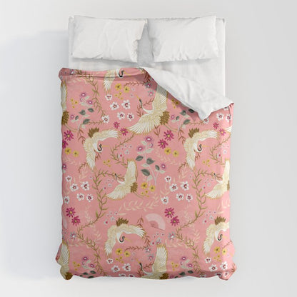 Chinoiserie cranes on pink, birds, flowers, Duvet Cover Gallery Image 6