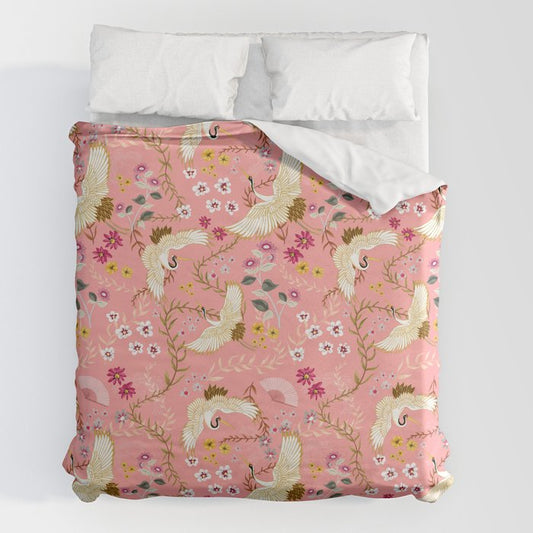 Chinoiserie cranes on pink, birds, flowers, Duvet Cover Gallery Image 2