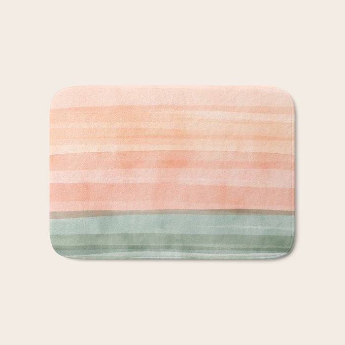 Light Sage Green Waves on a Peach Horizon, Abstract _watercolor color block Bath Mat Gallery Image 1