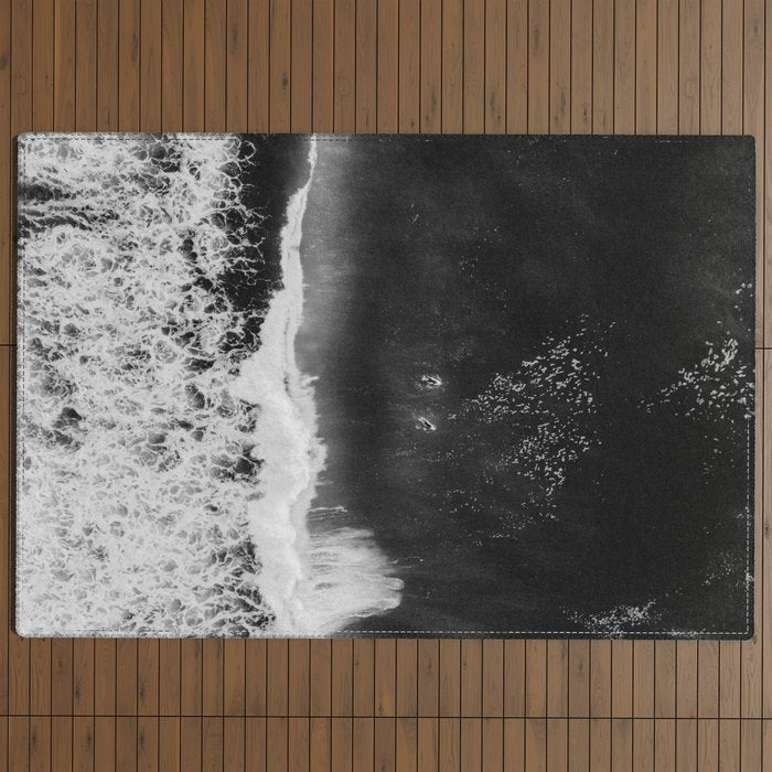 Surfer girls from above in Ericeira Portugal | Ocean wanderlust photography black and white print Outdoor Rug Gallery Image 4