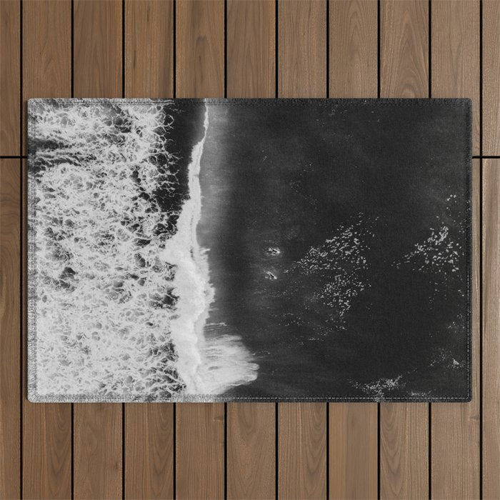 Surfer girls from above in Ericeira Portugal | Ocean wanderlust photography black and white print Outdoor Rug Gallery Image 1